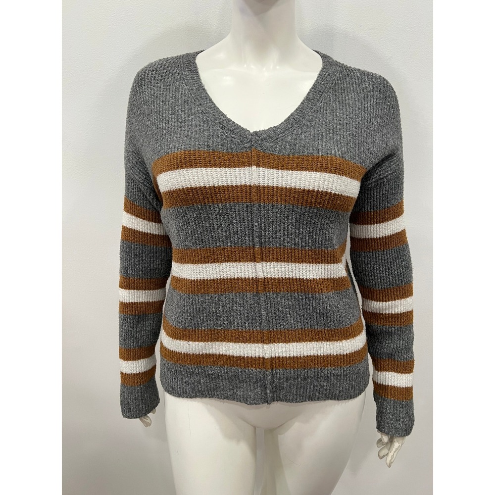 Pink Rose Striped V-Neck Sweater High Low Knit Womens Size L Gray Rust White